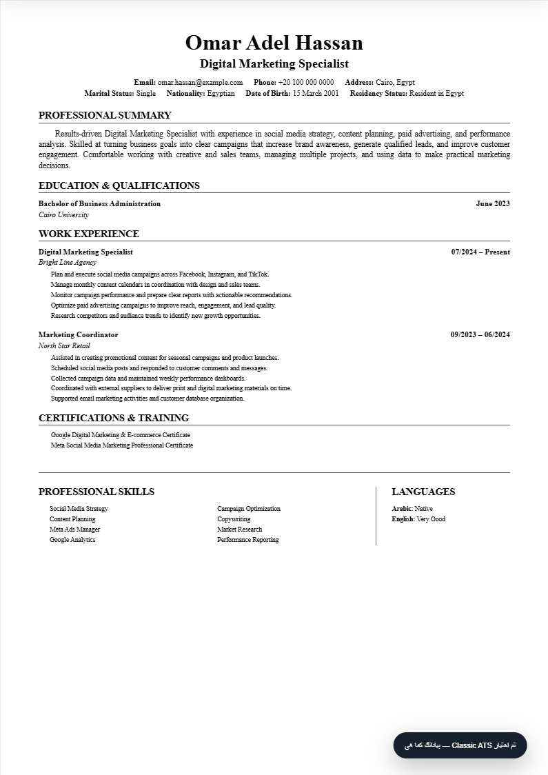 Fictional example CV in the Classic ATS design
